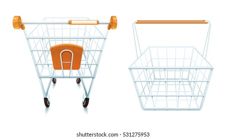  Empty metal shopping cart and basket set realistic isolated vector illustration 