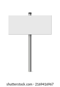 Empty metal sign post vector illustration. Realistic 3d blank steel signboard with blank placard for information and white plank, billboard panel on bollard, guidepost isolated on white background