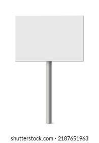 Empty metal sign post vector illustration. Realistic 3d blank steel signboard with blank placard for information and white plank, billboard panel on bollard, guidepost isolated on white background