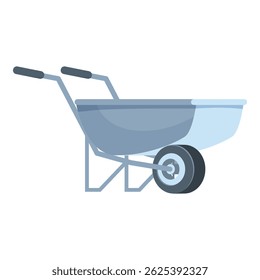 Empty metal wheelbarrow with one wheel in front and two handles is ready to be used for construction works