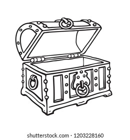 Empty metal-bound pirate treasure chest. Open old wooden trunk. Sketch style hand drawn isolated vector illustration. 
