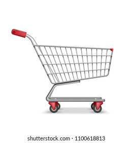 Empty metallic supermarket shopping cart side view isolated on white. Realistic supermarket basket, retail pushcart vector illustration