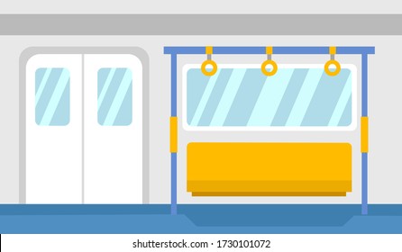 Empty metro train interior in flat design. Subway train or sky train concept vector illustration. No passenger. Design for web, banner, template.