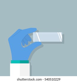 Empty microscopy slide in hand doctor laboratory. Researcher in gloves conduct medical expertize. Vector illustration flat design. Isolated on background. Web template for diagnostic study research.