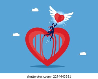 empty mind and the discovery of a new life. Businessman flying with heart coming out of heart prison