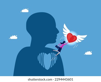 empty mind and the discovery of a new life. Businesswoman flying with heart coming out of heart prison