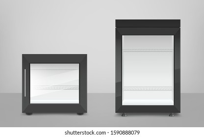 Empty mini refrigerator with glass door. Vector black different size fridges for drink or fresh food in supermarket or kitchen. Modern cooler with metal handle and shelves front view