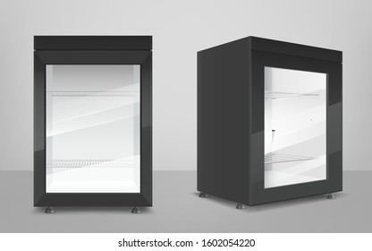 Empty mini refrigerator with transparent glass door. Vector black fridges for drink or fresh food in supermarket or kitchen. Modern cooler with shelves front and corner view