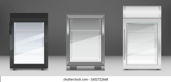 Empty mini refrigerator with transparent glass door. Vector black, gray and white fridges for drink or fresh food in supermarket or kitchen. Modern coolers with shelves and handle in front view