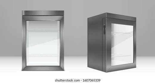 Empty Mini Refrigerator With Transparent Glass Door. Vector Gray Fridge For Fresh Food Or Drink In Supermarket Or Kitchen. Modern Cooler With Shelves And Handle Front And Corner View