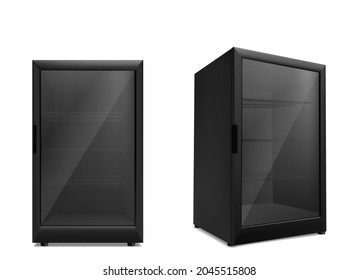 Empty mini refrigerator with transparent glass door. Vector black fridges for drink or fresh food in supermarket or kitchen.