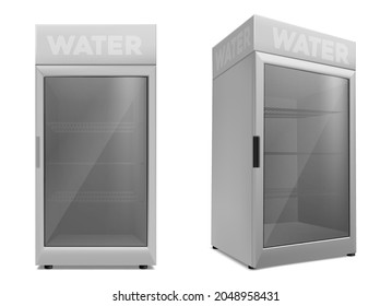 Empty mini refrigerator with transparent glass door. Vector black fridges for drink or fresh food in supermarket or kitchen.