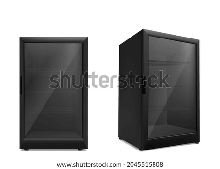Empty mini refrigerator with transparent glass door. Vector black fridges for drink or fresh food in supermarket or kitchen.