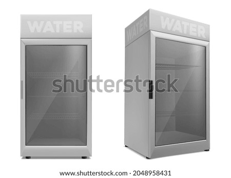 Empty mini refrigerator with transparent glass door. Vector black fridges for drink or fresh food in supermarket or kitchen.