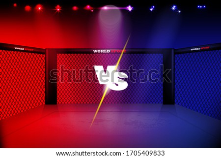 Empty mma arena  with red and blue  spotlights and vs symbold. boxing ring vector design illustration eps.10