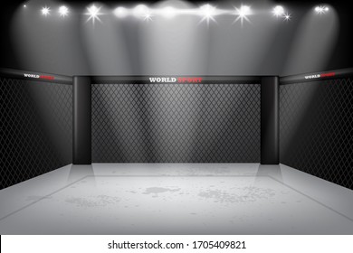 Empty Mma Arena  Under Spotlights. Boxing Ring Vector Design Illustration Eps.10