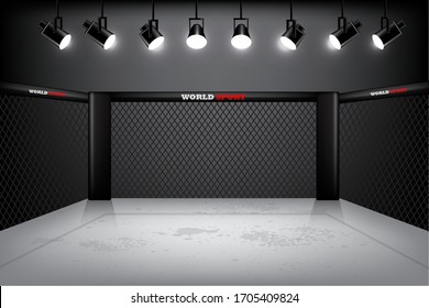 Empty Mma Arena  Under Spotlights. Boxing Ring Vector Design Illustration Eps.10