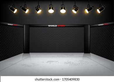 Empty Mma Arena  Under Spotlights. Boxing Ring Vector Design Illustration Eps.10