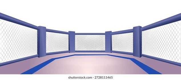 Empty mma ring with fencing. Cartoon arena for fighting, wrestling, training and competition. Sports match, betting announcement background. Vector illustration isolated on white background