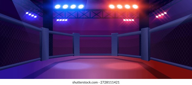 Anel de mma vazio com esgrima, iluminado com holofotes vermelhos e azuis. Ilustração vetorial de desenho animado de arena para luta, luta livre e competição. Jogo de esportes, fundo do anúncio de apostas