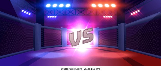 Anel de mma vazio com esgrima, holofotes iluminados com símbolo vs. Ilustração vetorial de desenho animado de arena para luta, luta livre e versus competição. Jogo de esportes, fundo do anúncio de apostas