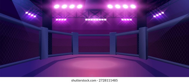 Anel de mma vazio com esgrima, holofotes iluminados. Ilustração vetorial de desenho animado de arena para luta, luta livre, treinamento e competição. Jogo de esportes, fundo do anúncio de apostas