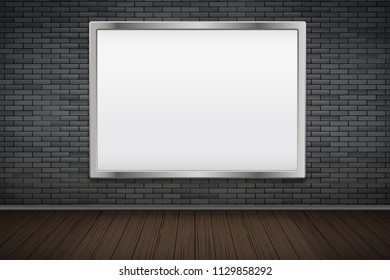 Empty mockup billboard on black brick wall. Vintage loft room and fashion interior. Advertising concept. Vector Illustration isolated