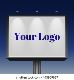 Empty mockup billboard with spotlights and dynamic light. A4 format. Vector Illustration isolated on evening sky gradient background. Mockup billboard, template notice board, board