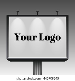 Empty mockup billboard with spotlights and dynamic light. A4 format. Vector Illustration isolated on gradient background. Mockup billboard, template notice board, board
