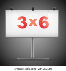 Empty mockup billboard with spotlights and illuminated at night. 3x6 format. Vector Illustration isolated on background.