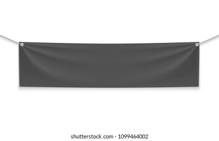 Empty mockup black textile banner with folds on ropes. Isolated vector illustration on a white background.