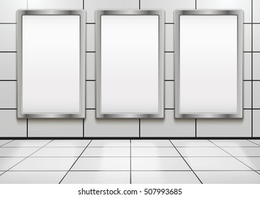 Empty mock-up three vertical billboards inside metro or subway. Vector Illustration isolated on white background.