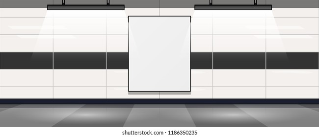 Empty mock-up vertical billboard inside subway, airport or trade mall center.