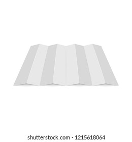 Empty mockup white folded paper sheet, blank stand for map presentation fourfold booklet on white background