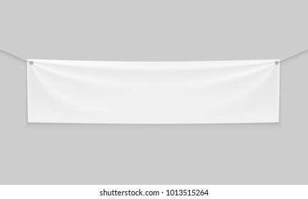 Empty mockup white textile banner with folds on ropes. . Isolated vector illustration on a light background.