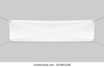 Empty mockup white textile banner with folds on ropes. Isolated vector illustration on a light background.