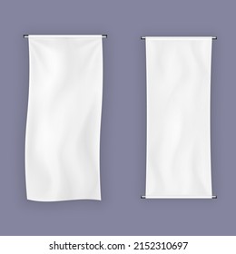 Empty mockup white textile banner with folds on ropes. 3D blank waving cotton flag. Realistic fabric signboards for advertising. Poster or banners hanging frame template. Vector illustration. 