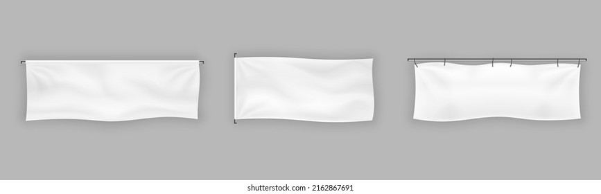 Empty Mockup White Textile Banner With Folds On Ropes. Realistic Fabric Signboards For Advertising. Poster Or Banners Hanging Frame Template. 3D Blank Waving Cotton Flag. Vector Illustration. 