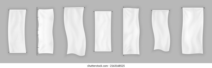 Empty mockup white textile banner with folds on ropes. 3D blank waving cotton flag. Realistic fabric signboards for advertising. Poster or banners hanging frame template. Vector illustration. 