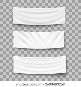 Empty mockup white textile banners with folds. Blank hanging fabric graphic design elements,template set for advertising, web site, sale announcement. Vector illustration