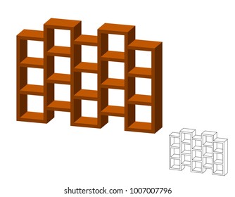 Empty modern bookcase. Isolated on white background. 3d Vector illustration. Dimetric projection.
