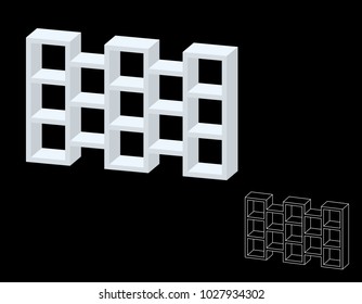 Empty modern bookcase. Isolated on black background. 3d Vector illustration. Dimetric projection.