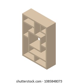 Empty modern bookcase. Isolated on white background. 3d Vector illustration. Isometric projection.