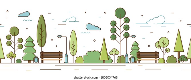 Empty modern city park with trees, bushes, benches and street lights vector illustration in line art style. Horizontal garden or public recreational place infrastructure seamless pattern