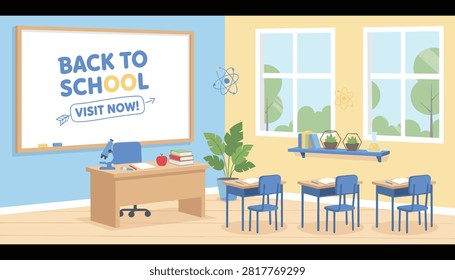 Empty modern classroom with a teacher desk, school desks, blackboard with back to school text, and a microscope.