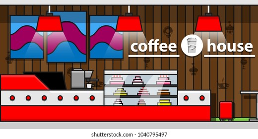 Empty modern coffee house interior flat line vector illustration.