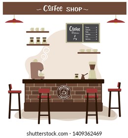 Empty modern coffee shop,cartoon cafe or restaurant interior with furniture,flat vector illustration
