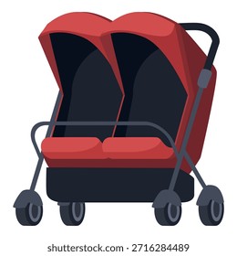 Cochecito de bebé doble moderno vacío con toldos de sombrilla rojos y chasis negro esperando gemelos recién nacidos