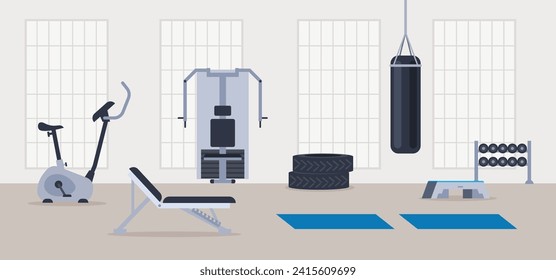 Empty modern gym concept. Vector flat cartoon graphic design illustration