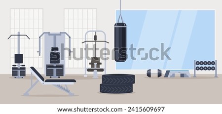 Empty modern gym concept. Vector flat cartoon graphic design illustration